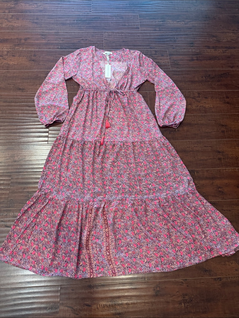 Karma Highway Boho Pink Floral Tiered Maxi Dress with Tie Waist, One Size, NWT!